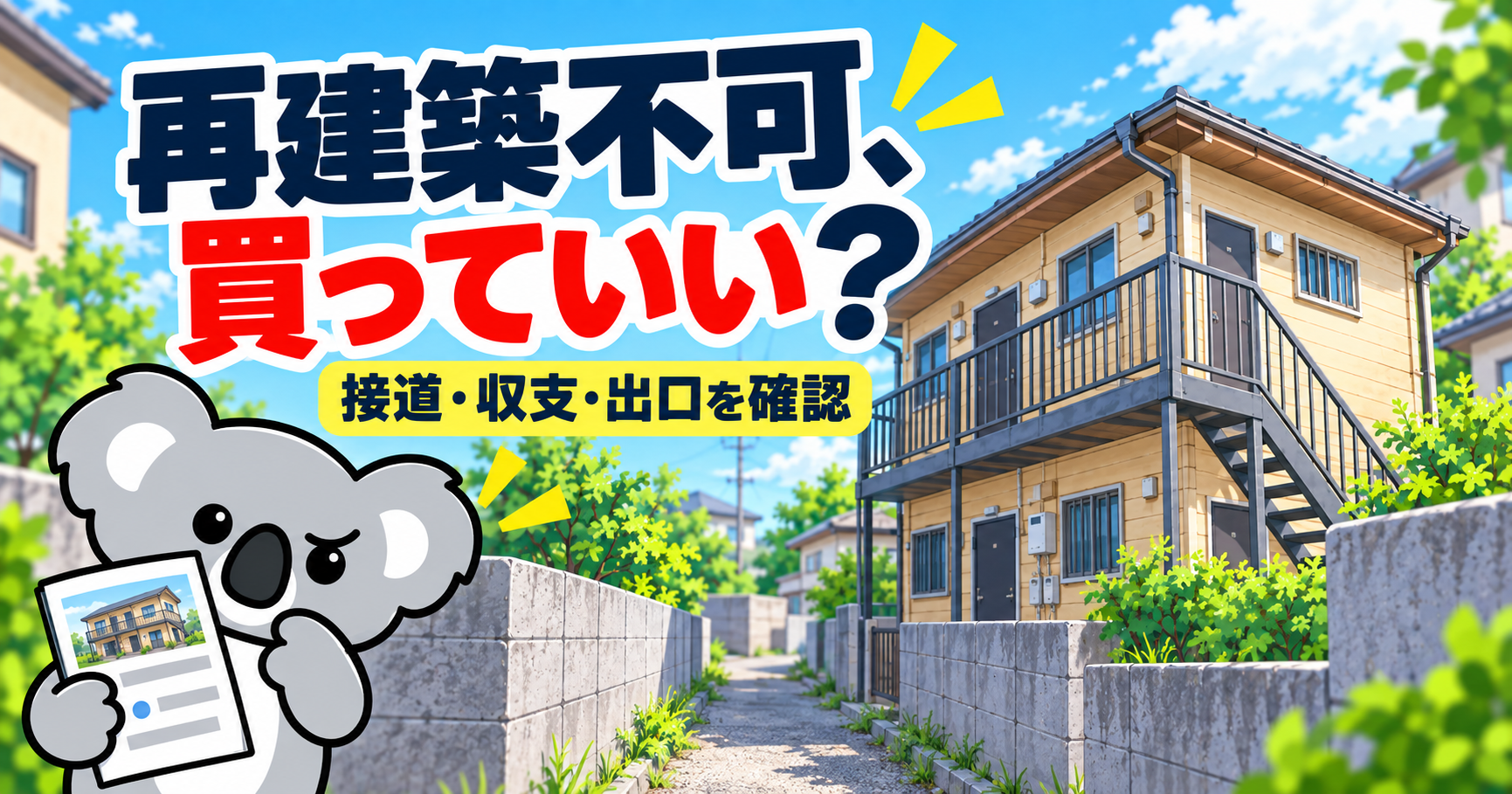 再建築不可の一棟アパートを前に購入判断を考えるコアラ