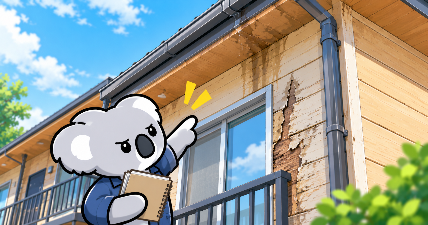木造アパートの外壁と雨水の跡を確認するコアラ