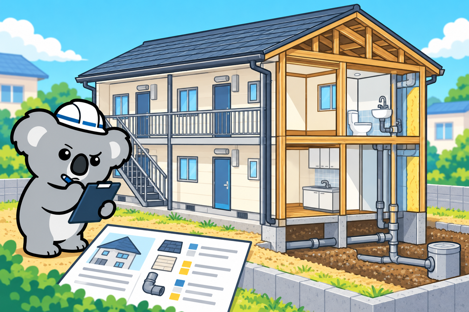 木造アパートの屋根や設備を確認して建物評価を考えるコアラ