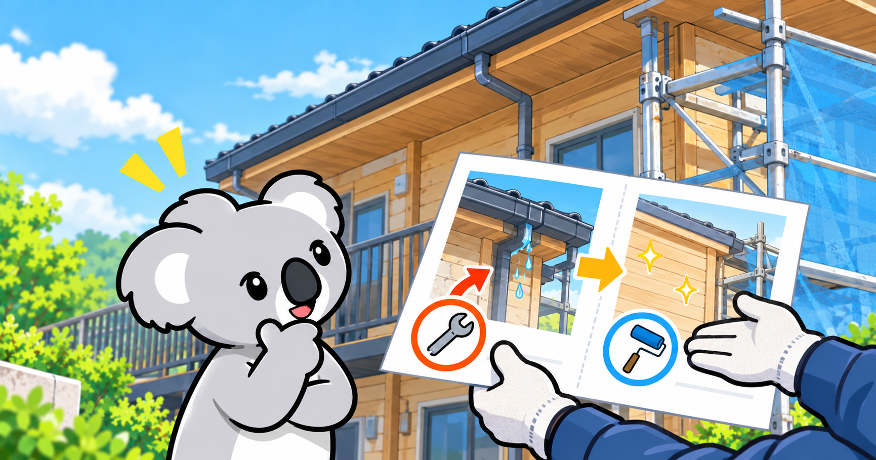 漏水対策と後日の工事を分けて検討するコアラ